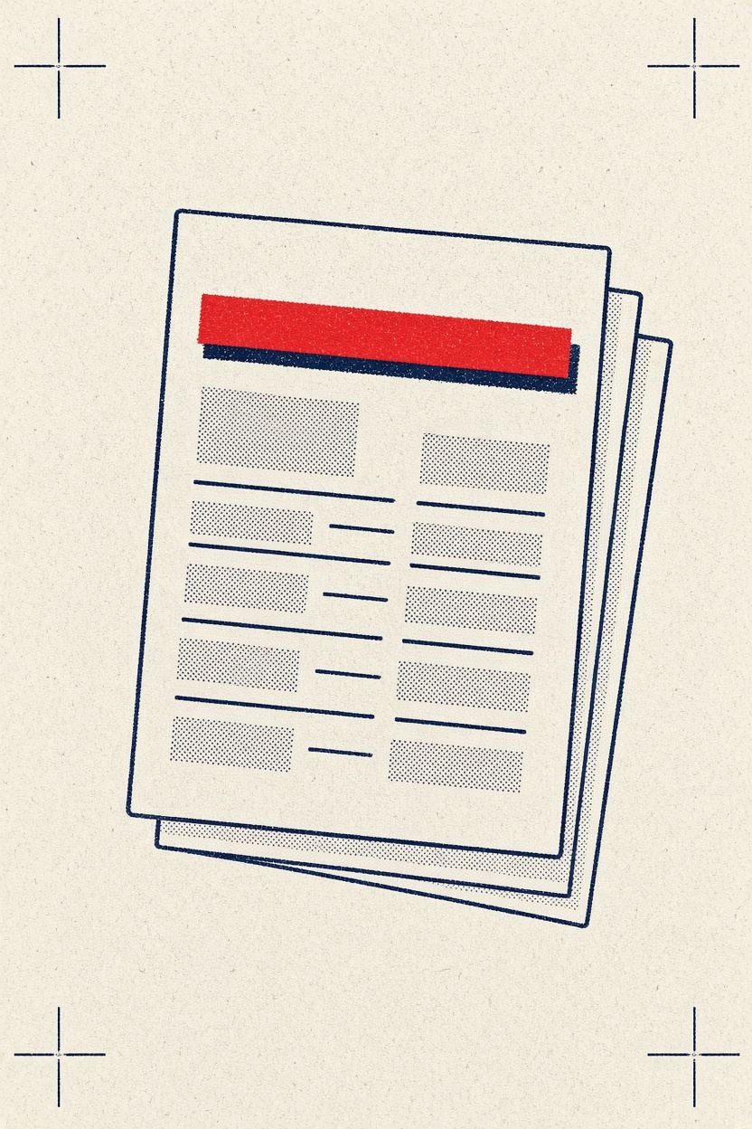 Three stacked report pages in navy ink on cream paper, one line struck through with a red marker bar