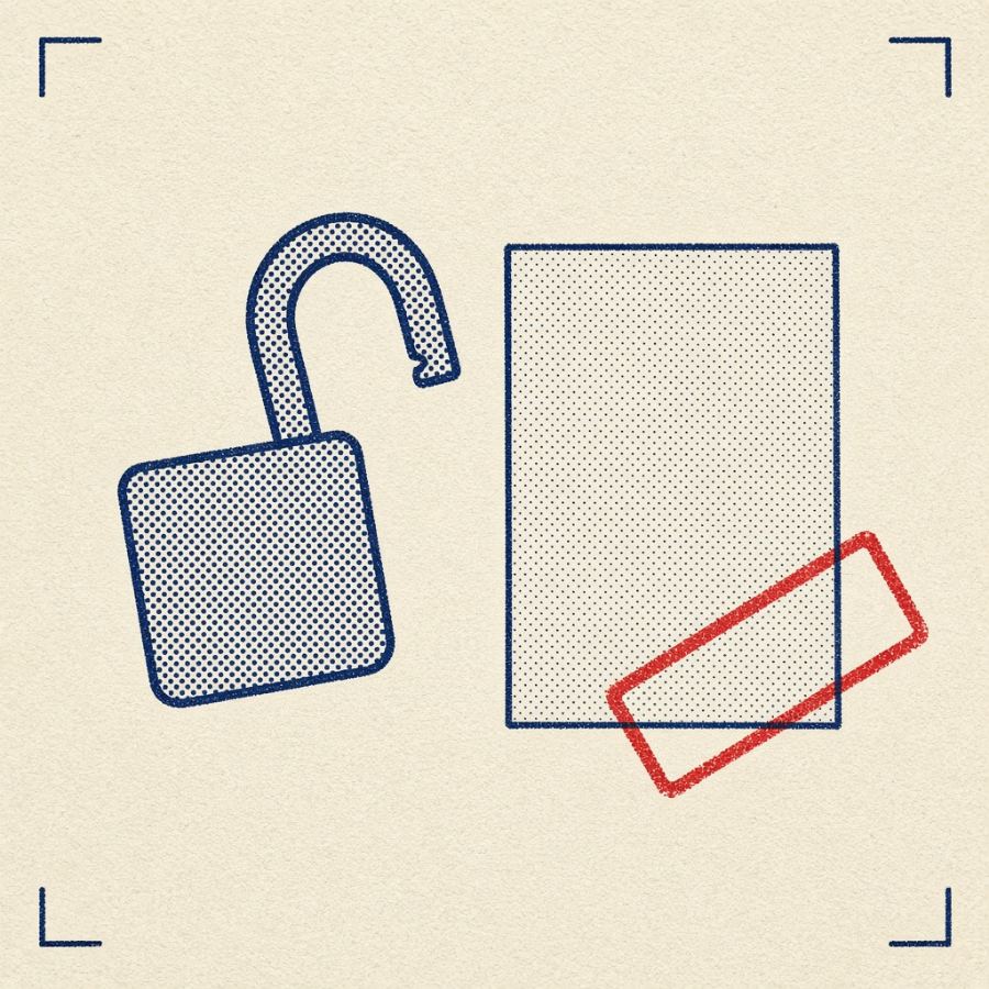 An open padlock set aside next to a document page stamped in red — nothing was forced open